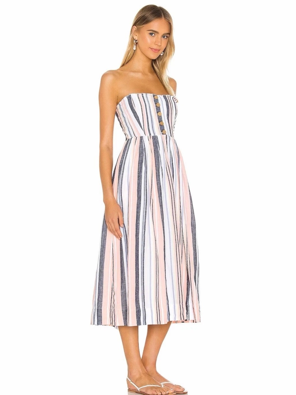 Free People Lilah Pastel Striped Smocked Button-Front Midi Dress Size M EUC